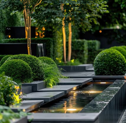 Custom landscape design with water feature, decorative shrubs, and outdoor lighting.