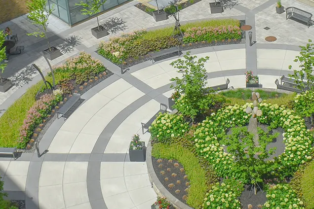 Commercial landscape design with paved walkways, planting beds, and site landscaping