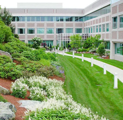 Commercial landscape maintenance with lawn, planting beds, and walkway around an office building.